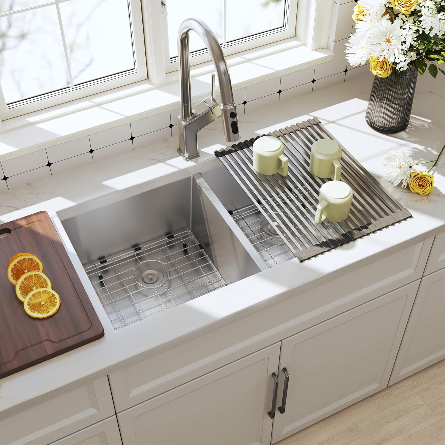 32 Inch Undermount Handmade Double Bowl Kitchen Sink, 16 Gauge 304 Stainless Steel 50/50 Spacious Deep Kitchen Sinks, Accessories Combo Included, 32' x 19' x 10'
