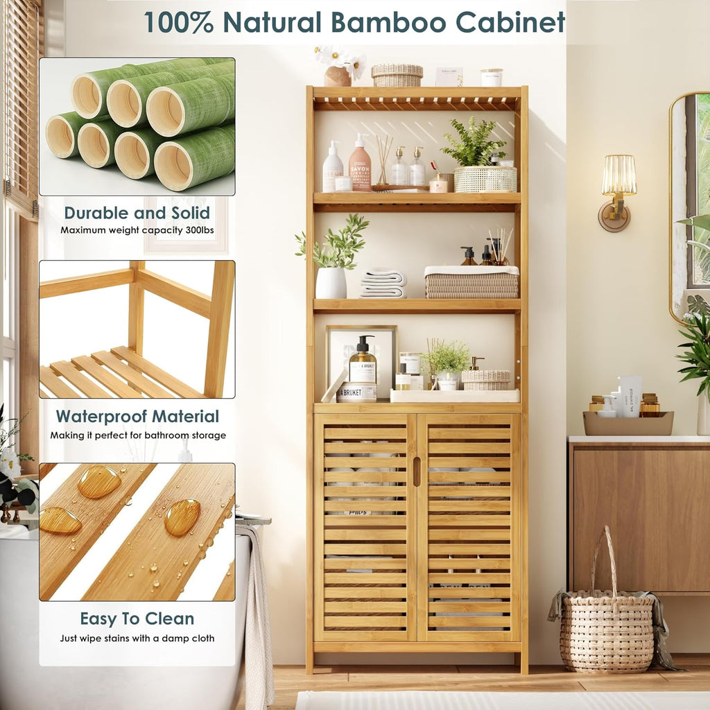 HIFIT 2 Set Tall Shelf Unit Bamboo Storage Cabinet with Doors, 5-Tier Bookshelves and Bookcases with Storage and Display, 67' Tall Cabinet w/Plant Stand for Bathroom,Living Room,Kitchen Dining,Balcony