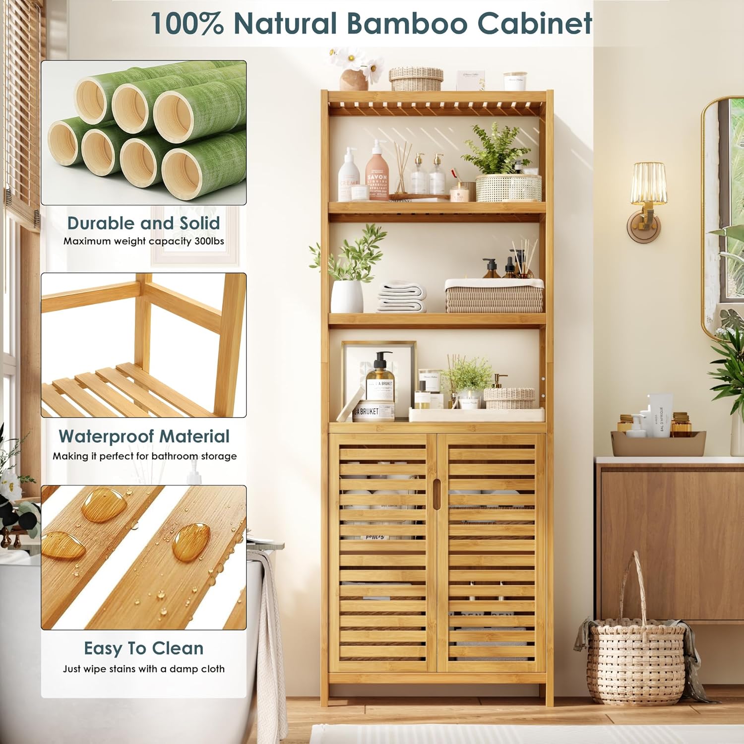 HIFIT 2 Set Tall Shelf Unit Bamboo Storage Cabinet with Doors, 5-Tier Bookshelves and Bookcases with Storage and Display, 67' Tall Cabinet w/Plant Stand for Bathroom,Living Room,Kitchen Dining,Balcony