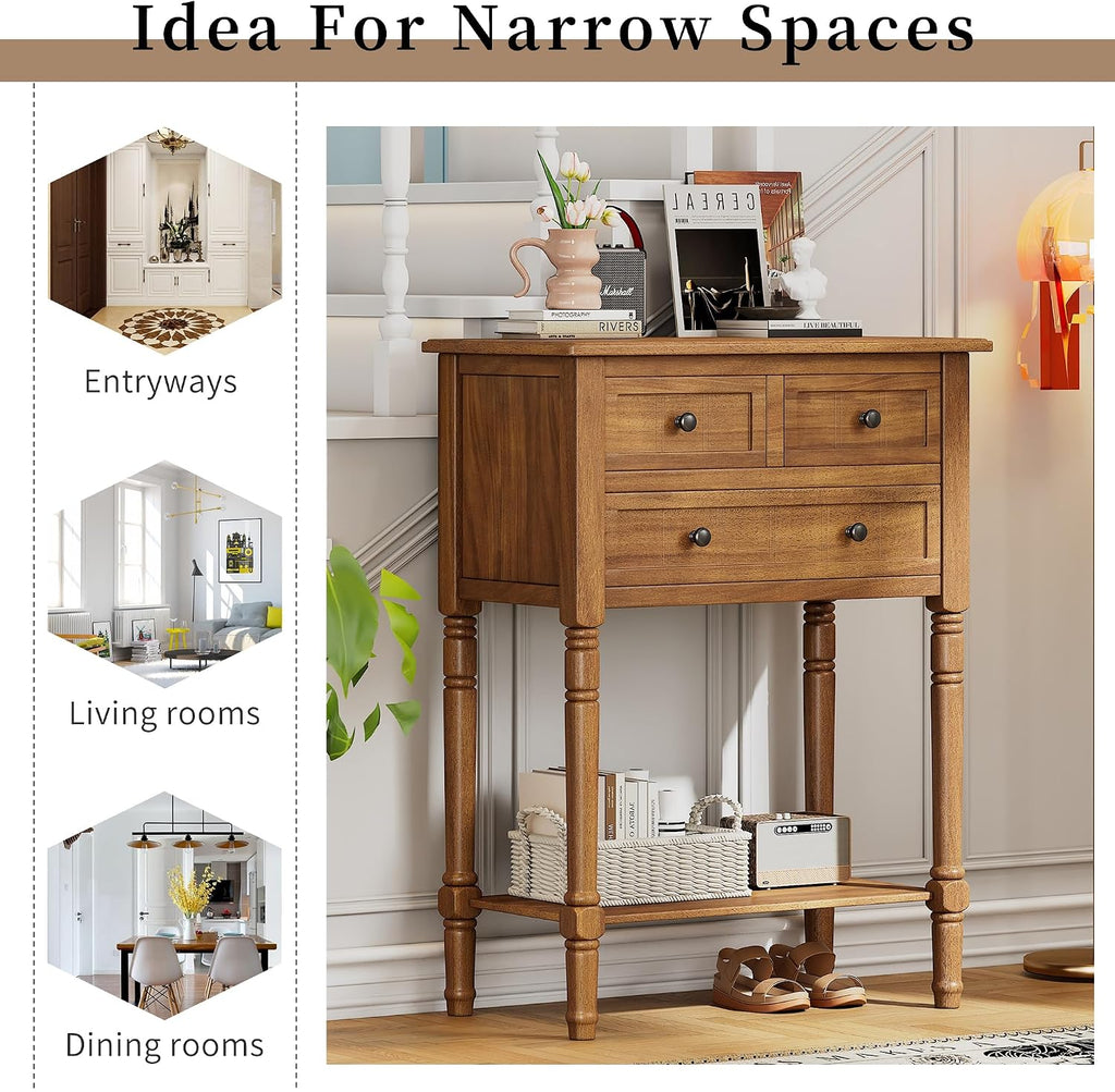 P PURLOVE Antique Narrow Console Table,Slim Sofa Entry Table with 3 Storage Drawer for Living Room,Entryway