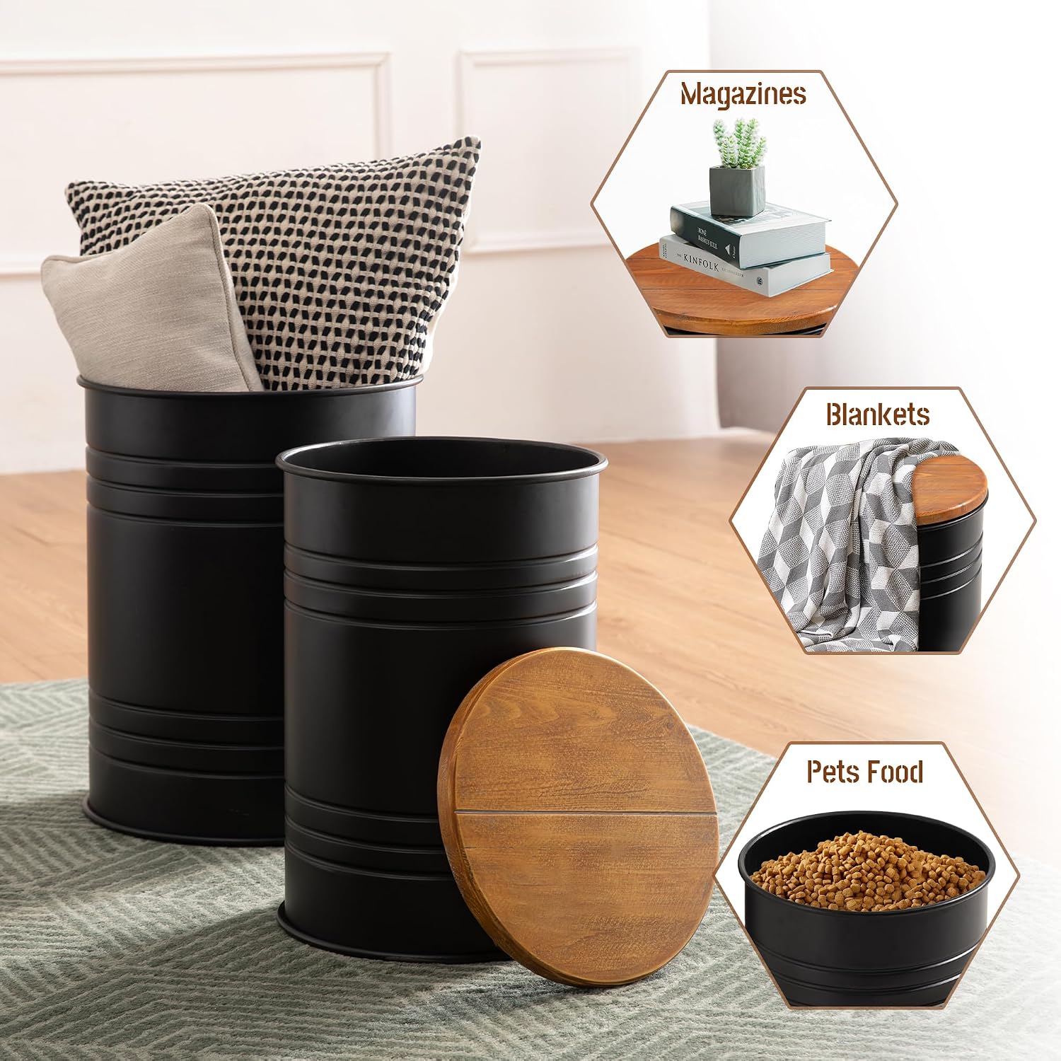 Glitzhome 4-Piece Galvanized Side Table Set, Metal Farmhouse Barrel Toy Box Bins with Round Wood Lid, Rustic Ottoman Seat Stool with Large Storage Space, for Living Room, Bedroom,Black