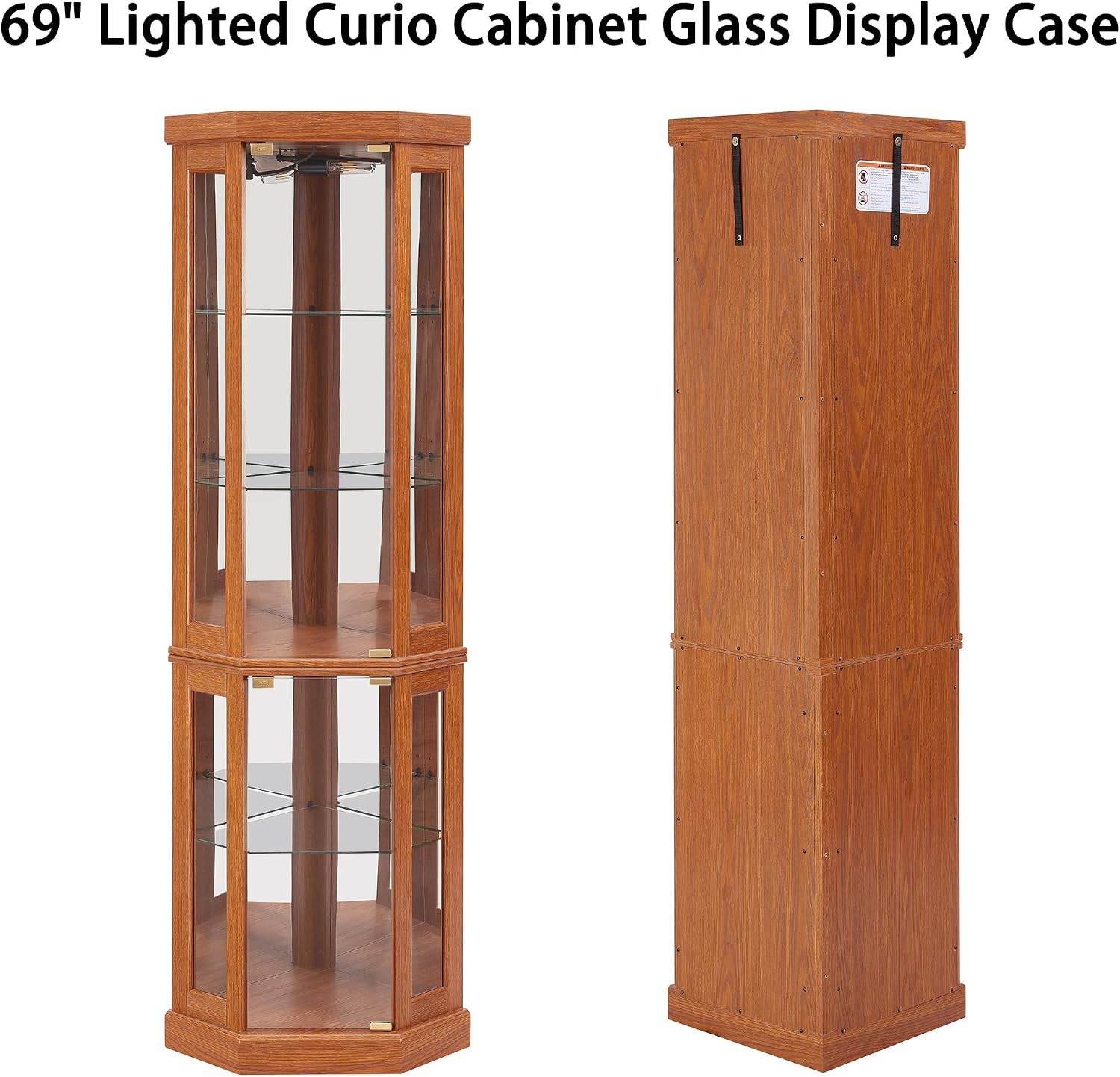 69' H Lighted Corner Curio Cabinet, 5-Tier Curio Glass Display Cabinet w/Glass Door & Adjustable Shelves, Wooden Display Showcase Corner Storage Cabinet for Living Room(Dark Oak)