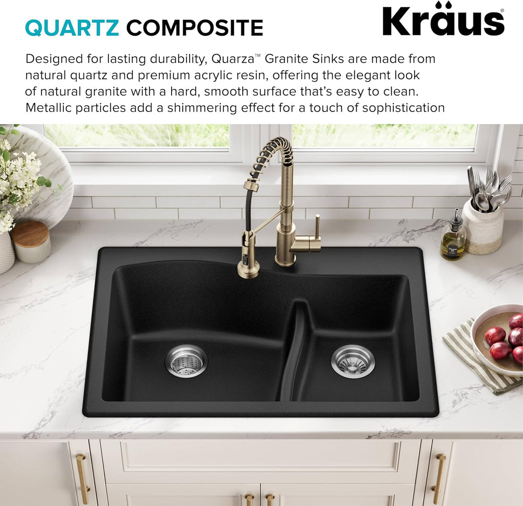KRAUS Quarza 33-inch Drop-In/Undermount 60/40 Double Bowl Granite Kitchen Sink in Black, KGD-442BLACK