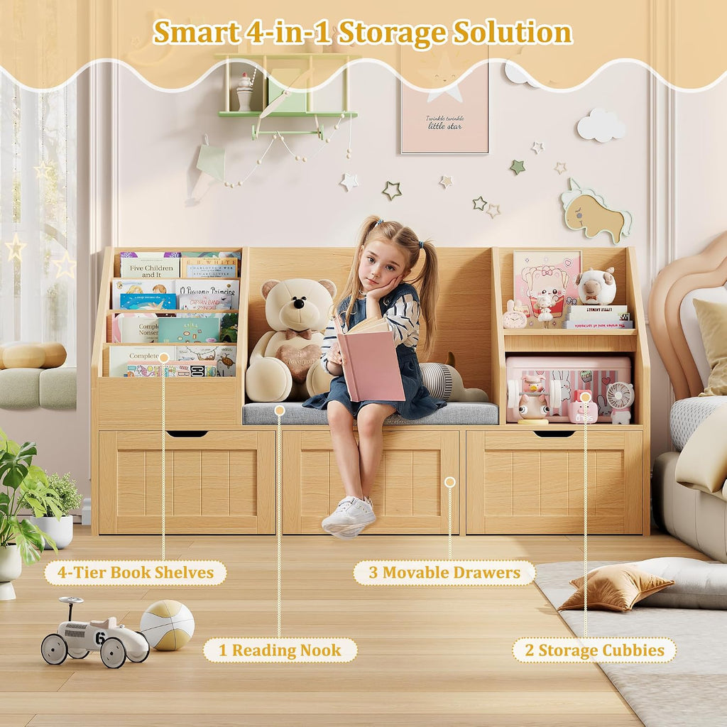 FOTOSOK 55.1'' Kids Bookshelf with Reading Nook, Toy Storage Organizer with Seat Cushion and 3 Movable Drawers, Kids Reading Nook Toy Organizers and Storage with Bench for Playroom, Bedroom, Natural