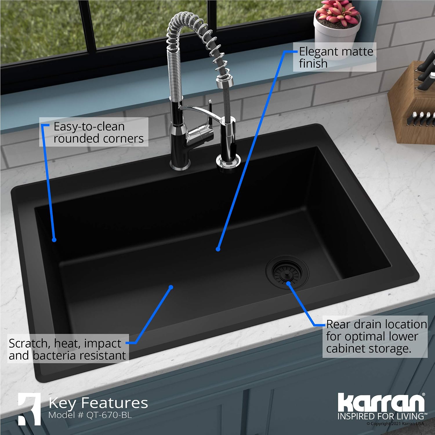 Karran QT-670 Drop-In/Top Mount 33' Single Bowl Granite Quartz Composite Kitchen Sink in Black Right Side Drain, Extra Deep 9' Basin, Heat & Scratch Resistant, Sound Dampening