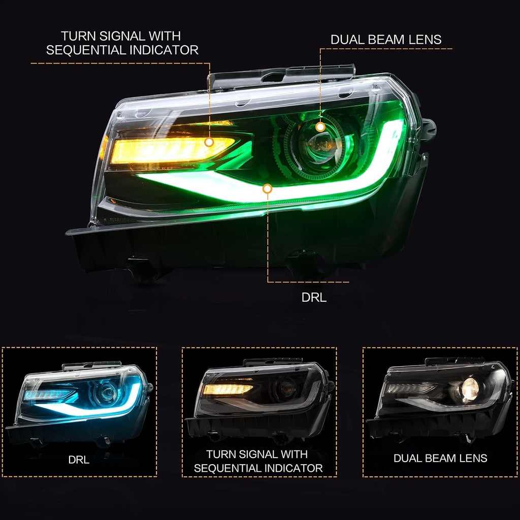 VLAND Headlights w/D2S Fit for 2014 2015 Chevy Camaro 5th Gen, Multicolor Front light with Sequential Turn Signal, W/Dual Beam Lens Dynamic DRL, Plug-n-Play Headlamp
