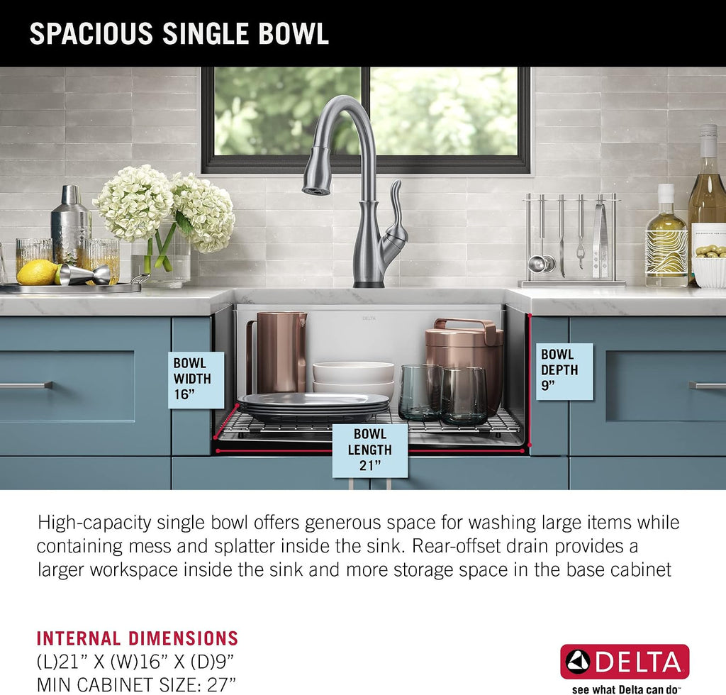 DELTA FAUCET Lorelai 23-inch Workstation Kitchen Sink Undermount 16 Gauge Stainless Steel Single Bowl with WorkFlow Ledge and Kit of 5 Accessories, 95B9132-23S-SS