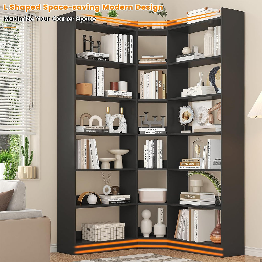70.8' Tall Corner Bookshelf, 7 Tiers Large Etagere Bookcases with Baffles, L-Shaped Modern Storage Display Rack Industrial Bookshelves for Bedroom, Home Office, Living Room & Kitchen, Black