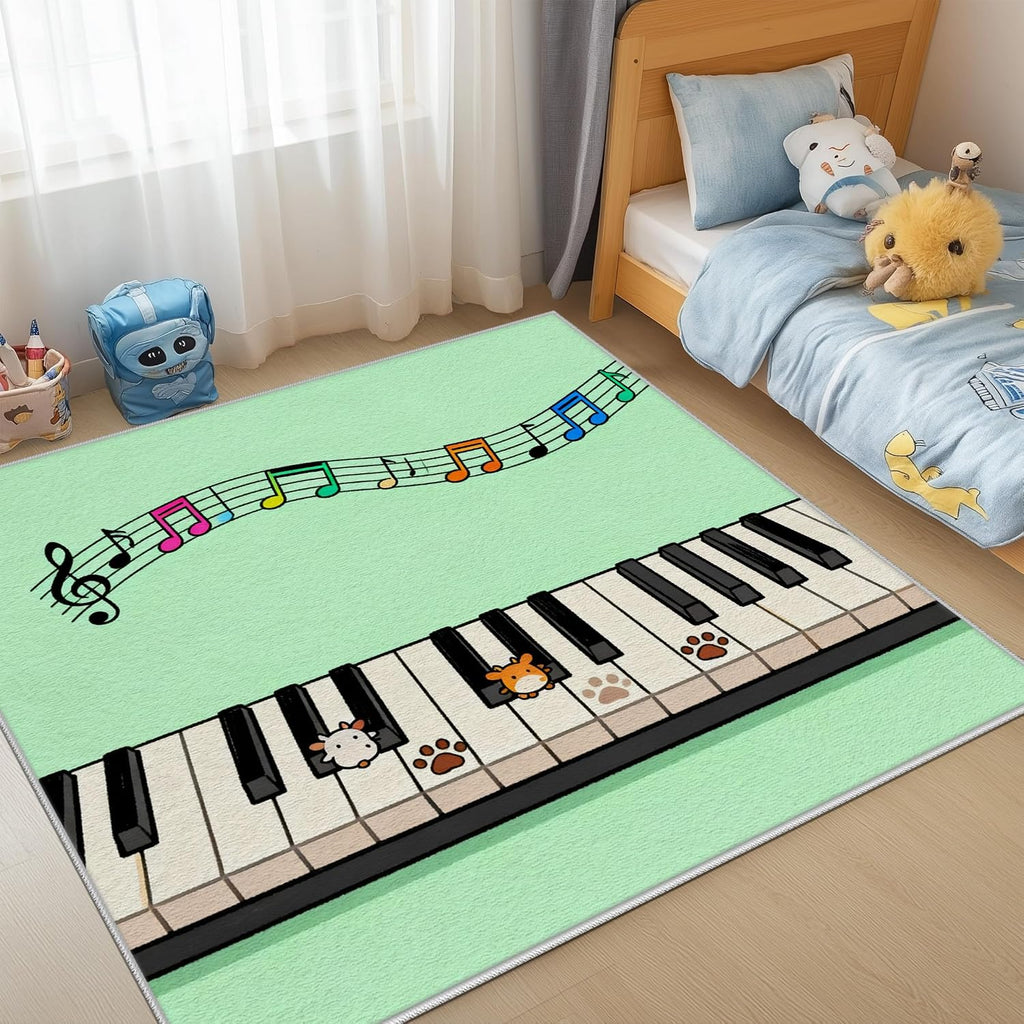 Music Note Kids Rugs 5x7 for Playroom Classroom Nursery Preschool, Piano Keys Sheet Music Area Rug for Girls Boys Bedroom Room Decor, Cute Animal Paw Print Playing Carpet Non-Slip