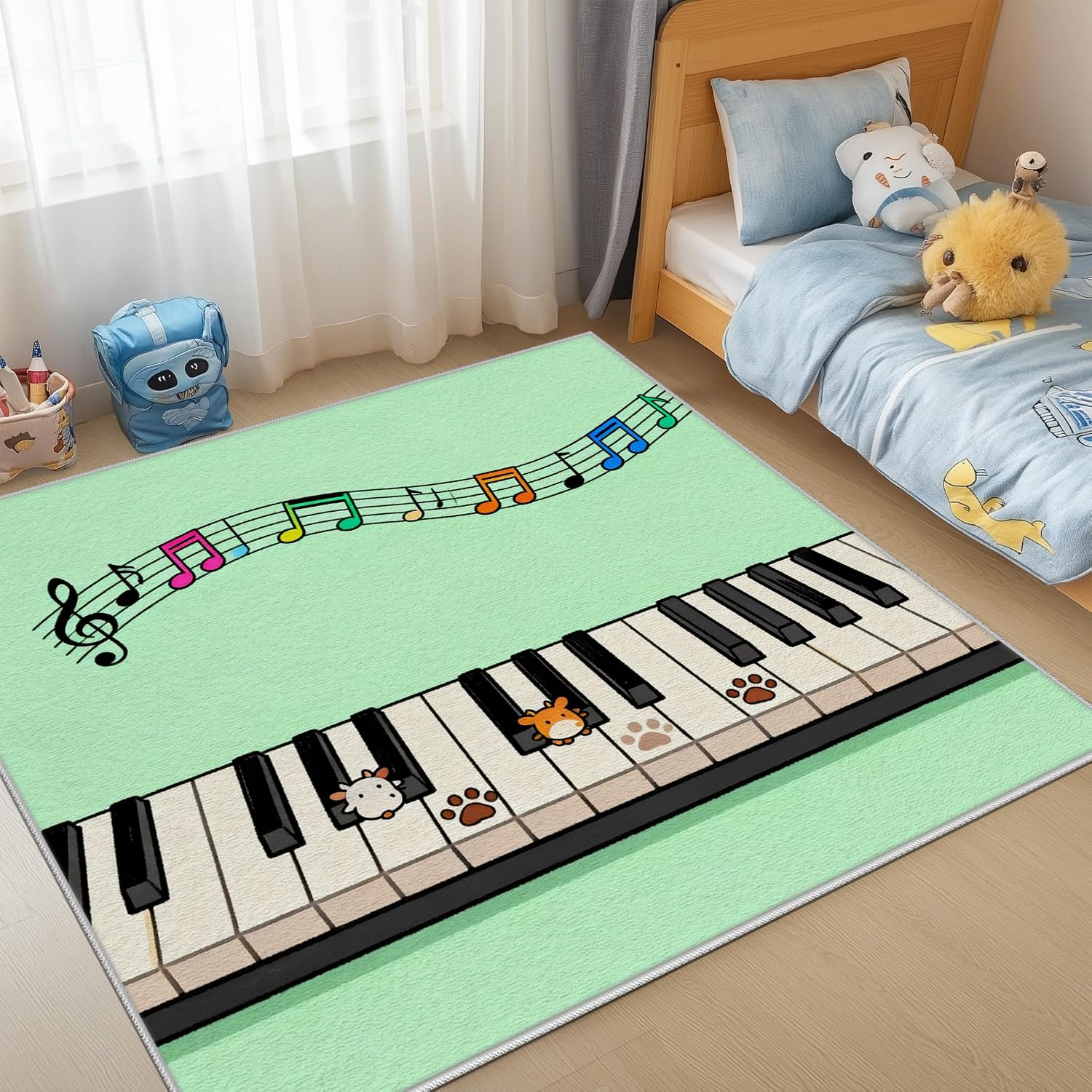 Music Note Kids Rugs 5x7 for Playroom Classroom Nursery Preschool, Piano Keys Sheet Music Area Rug for Girls Boys Bedroom Room Decor, Cute Animal Paw Print Playing Carpet Non-Slip