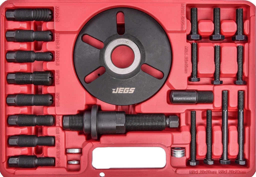 JEGS Universal Harmonic Damper Balancer Puller/Installer Tool Set | Includes 30 Bolts, 9 Adapters, 11 Washers, 1 Five Inch Puller Screw With Body, And 1 Puller Flange