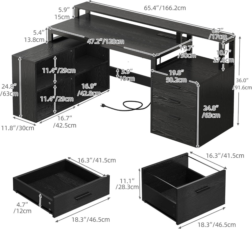 DWVO L Shaped Desk with Drawers, 65' Computer Desk with Power Outlets & LED Lights, Corner Home Office Desk with Storage Shelves & Printer Stand, Black