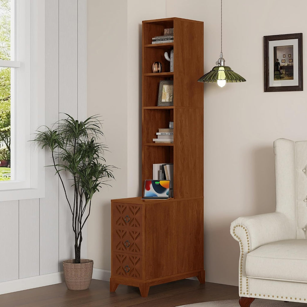 End Table with 3 Drawers & 4 Adjustable Shelves,Corner Table with USB & AC Charge Station,X-Shaped Carved Front,Solid Wood Frame,Tall Narrow Side Tables for Bedroom,Living Room,Small Space,Natural