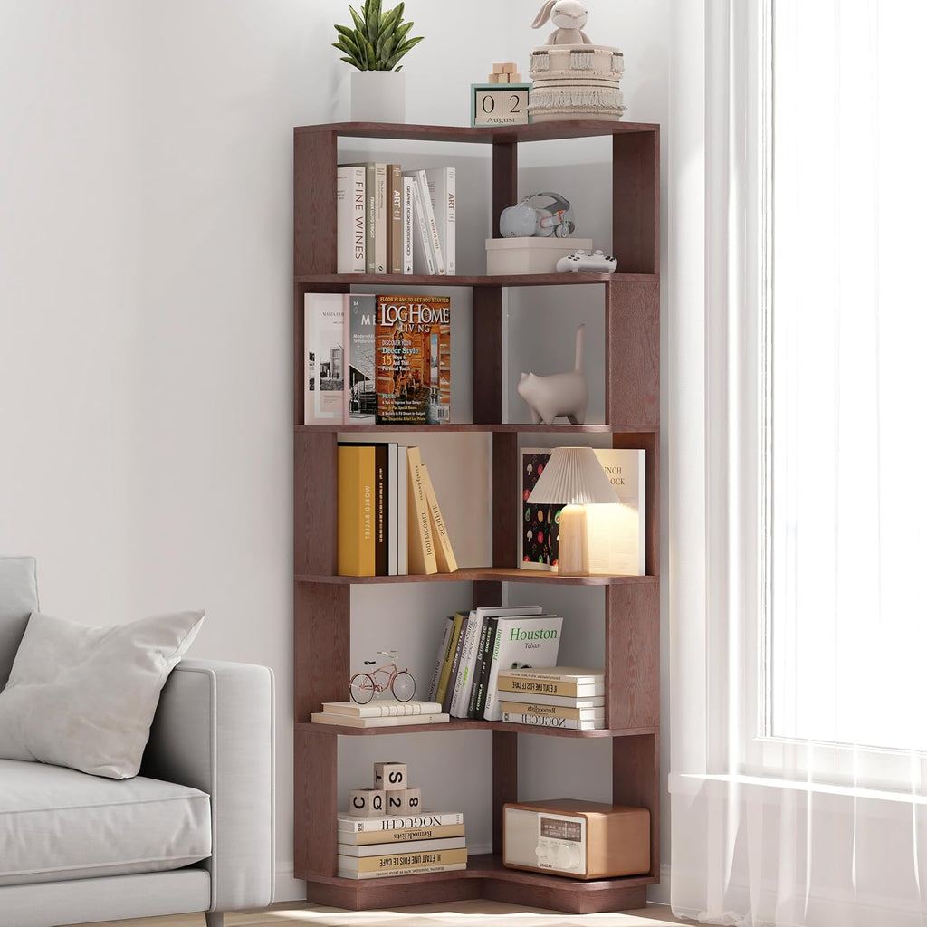 GDFStudio 64.6' Tall L-Shaped Corner Bookshelf, 6-Tier Freestanding Corner Shelf Bookcase with Anti-Drop Panels, Wooden Open Back Display Shelves Organizer for Living Room Bedroom Office, Ox Blood Red