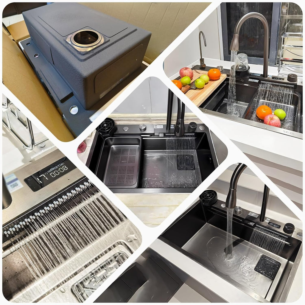 Single Bowl Kitchen Sink Stainless Steel Waterfall Sink with 3 in 1Pull-Out Tap, Chopping Board, and Cup Washer Multi-Functional Bar Sink Drop-in Or Undermount Installation(68x46cm)
