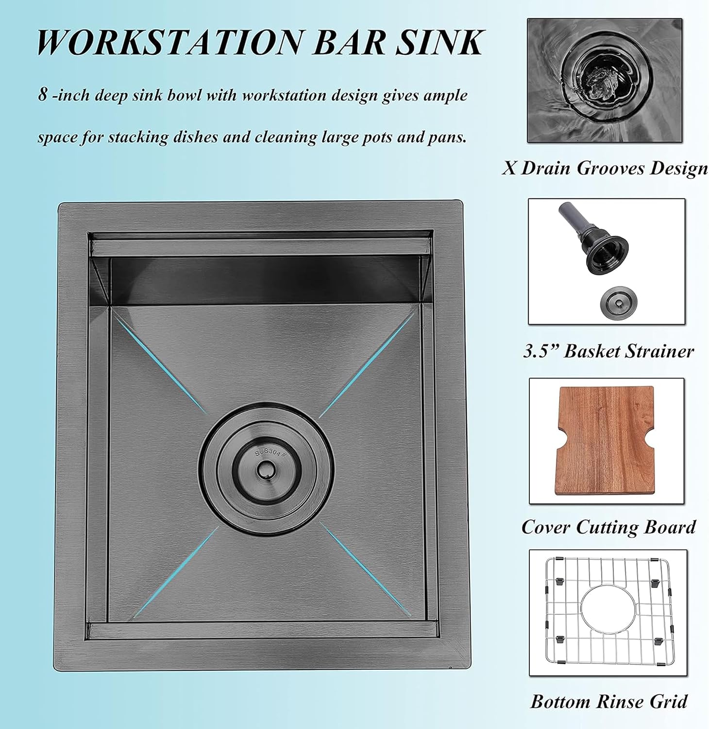 KINGO HOME Black Undermount Bar Sink, 13x15 Inch Stainless Steel Small Workstation RV Sinks 16 Gauge Ledge Kitchen Gunmetal Black Single Bowl Kitchen Wet Bar Prep Sink with Accessories