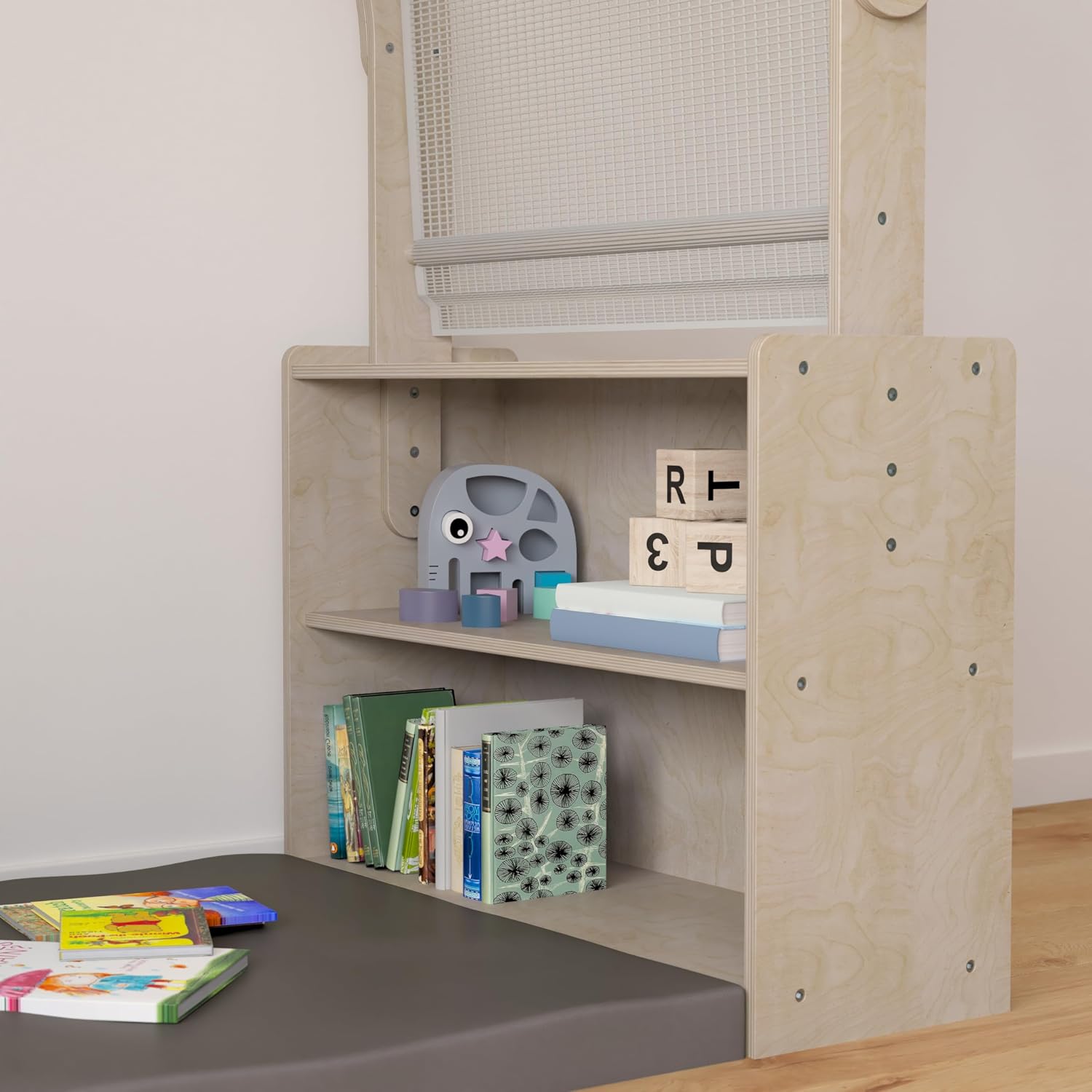 Classroom Essentials Commercial Grade Wooden Quiet Corner Reading Nook with Two Storage Shelf Units and Canopy-Green Guard Certified Wood