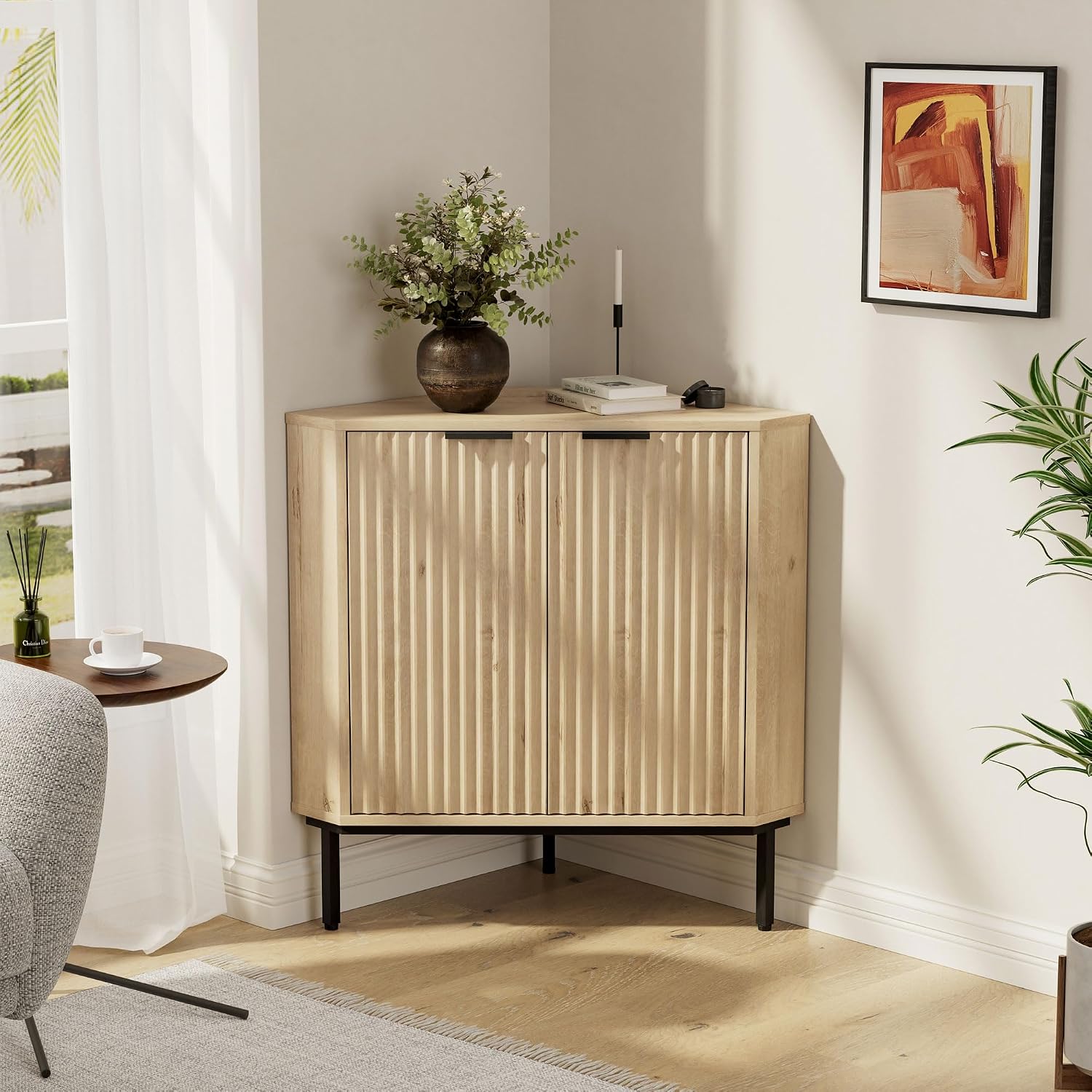 Modern Corner Cabinet, Fluted Wood Floor Storage Cabinet with Adjustable Shelf, Freestanding Narrow Organizer for Living Room Kitchen, Light Oak