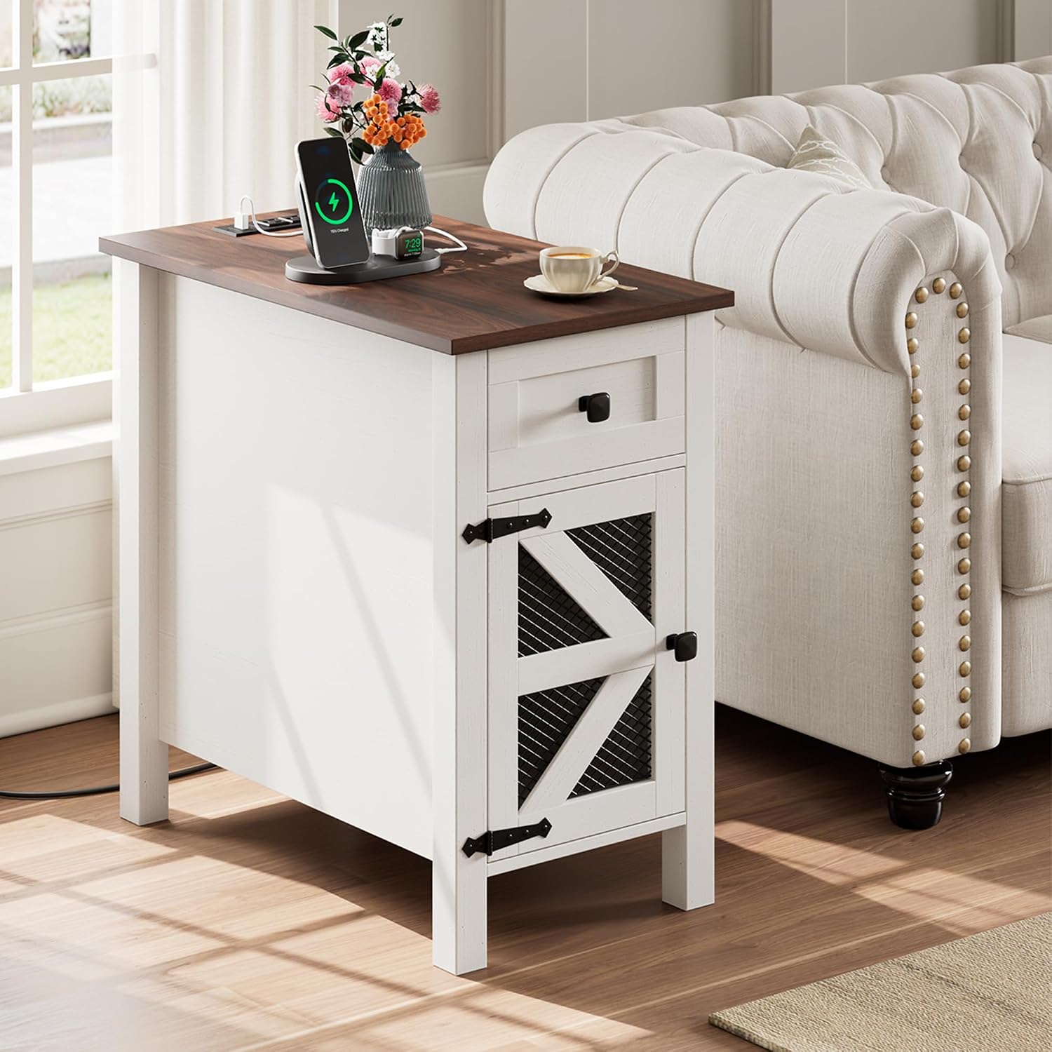 HAIOOU Farmhouse End Table with Charging Station, Narrow Side Tables for Living Room, Bedside Table with Storage Cabinet and Drawer, Slim Wood Nightstand for Small Space(Rustic White)