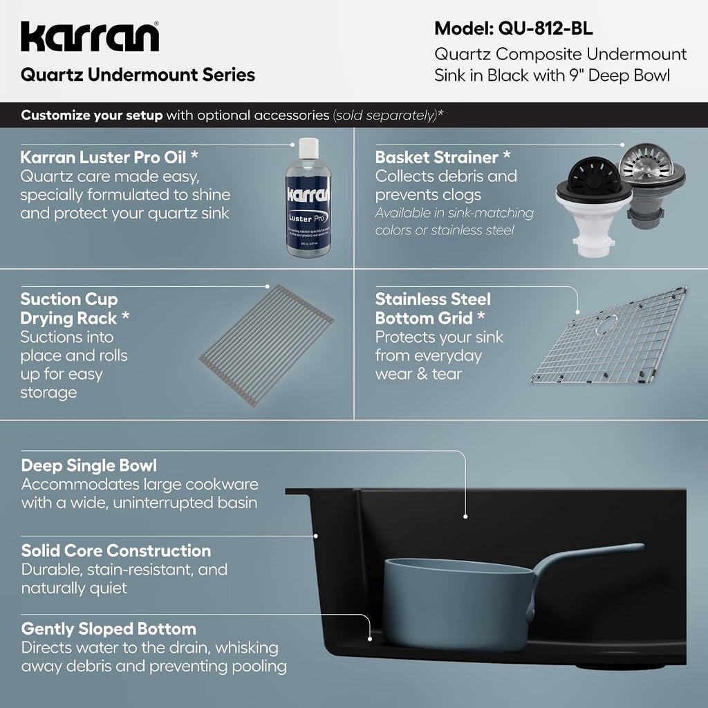 Karran Undermount 33' Large Single Bowl Granite Quartz Composite Kitchen Sink in Black – Extra Deep 9' Basin, Heat & Scratch Resistant, Sound Dampening, Rear Drain – QU-812