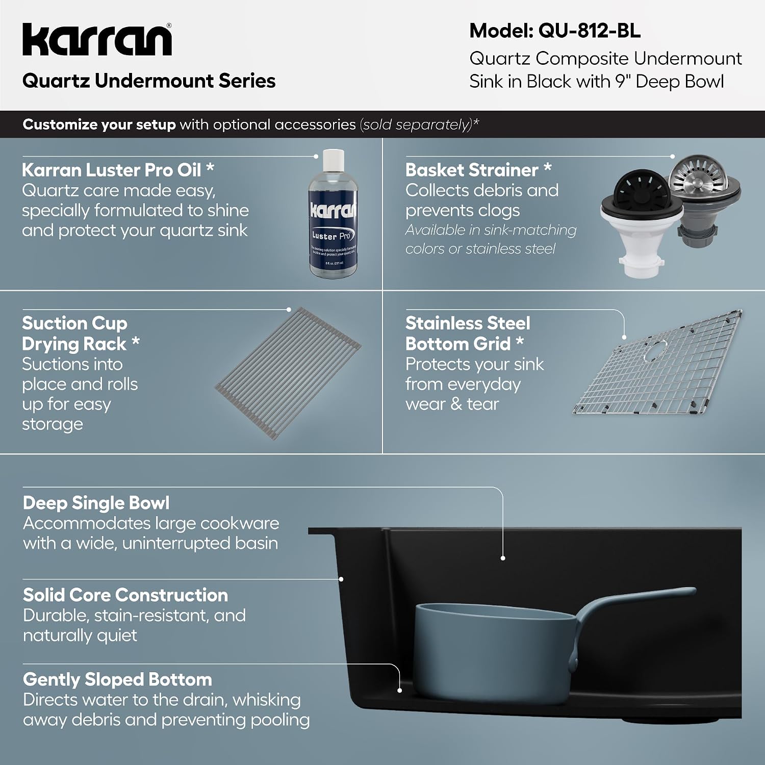 Karran Undermount 33' Large Single Bowl Granite Quartz Composite Kitchen Sink in Black – Extra Deep 9' Basin, Heat & Scratch Resistant, Sound Dampening, Rear Drain – QU-812
