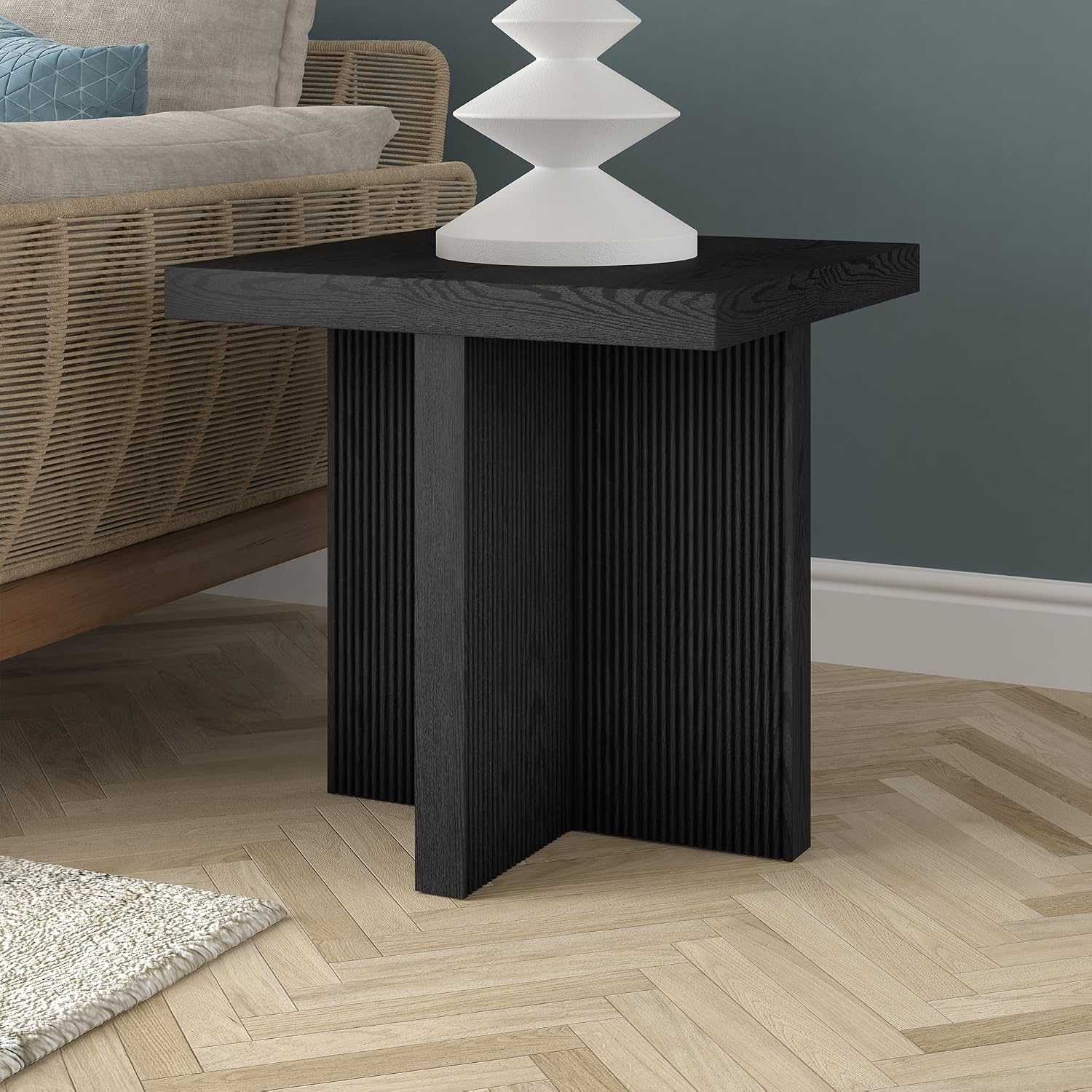 Henn&Hart 22' Fluted Scandinavian Square End Table, Ribbed Side Table, Nightstand for Living Room, Office, Family Room, or Bedroom, Natural Black