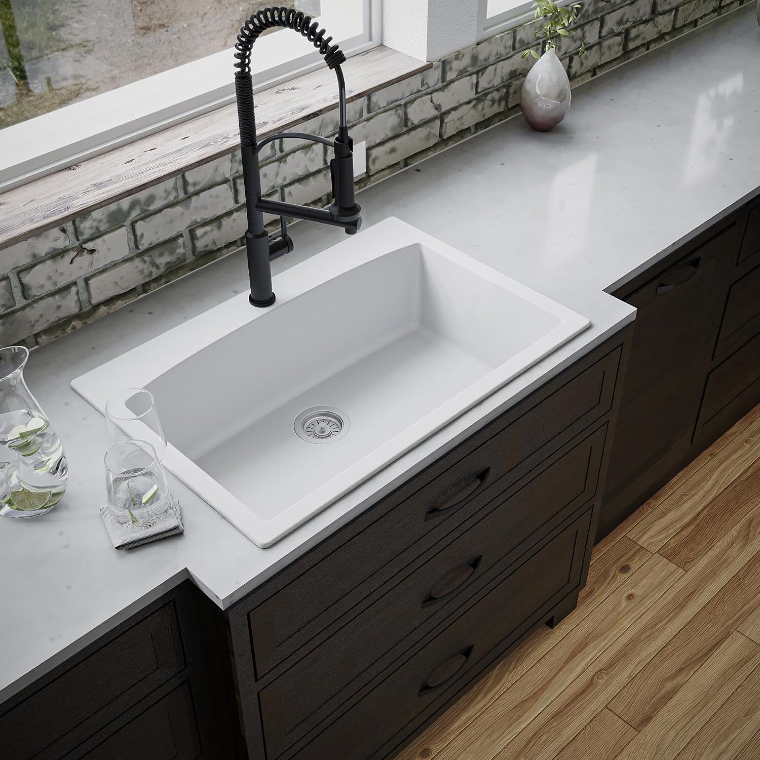 Karran QT-712 33 Inch Drop-In Quartz Composite Single Bowl Kitchen Sink, Top Mount, 1-Hole, Heat & Scratch Resistant, Easy Clean, White