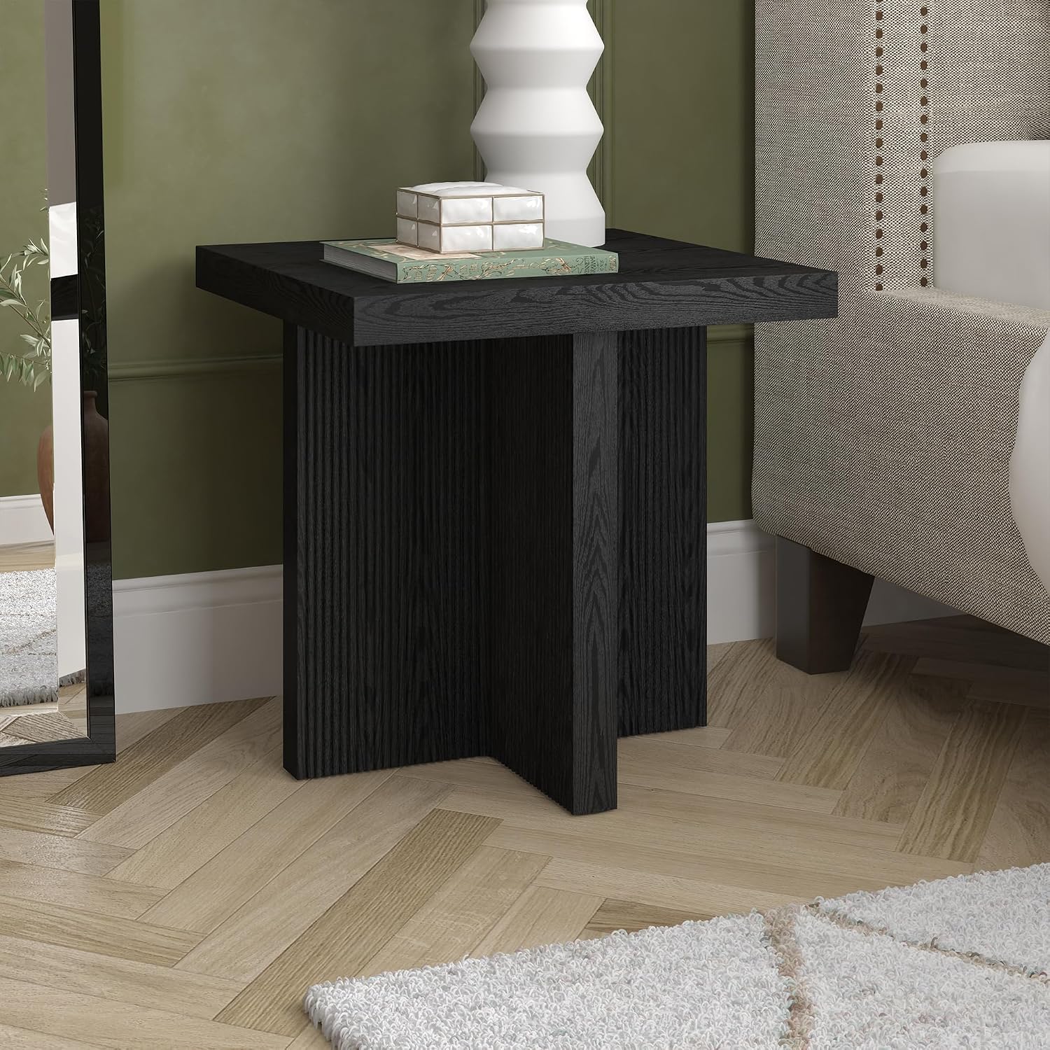 Henn&Hart 22' Fluted Scandinavian Square End Table, Ribbed Side Table, Nightstand for Living Room, Office, Family Room, or Bedroom, Natural Black