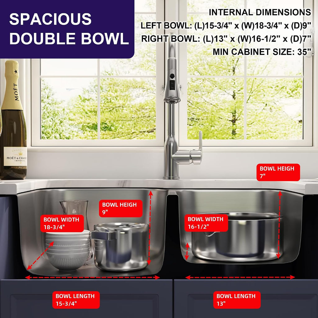 32 Inch Double Bowl Kitchen Sink 60/40 Undermount Stainless Steel 18 Gauge Curved Shape Round Corner Sinks with Strainer 32' x 20' x 9'