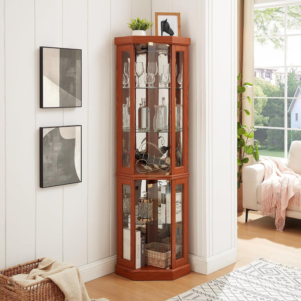 69' H Lighted Corner Curio Cabinet, 5-Tier Curio Glass Display Cabinet w/Glass Door & Adjustable Shelves, Wooden Display Showcase Corner Storage Cabinet for Living Room(Dark Oak)