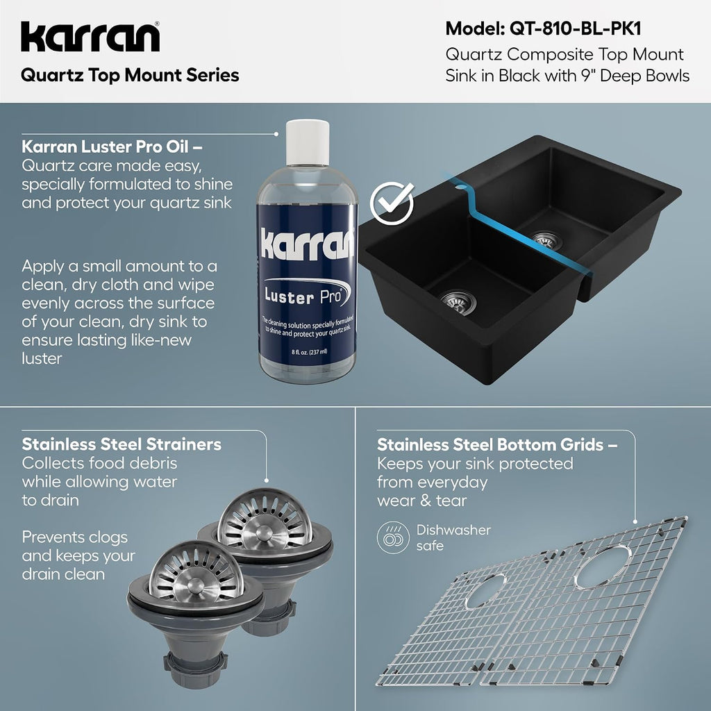 Karran QT-810 33' Top Mount Double Equal Bowl Quartz Kitchen Sink Kit in Black