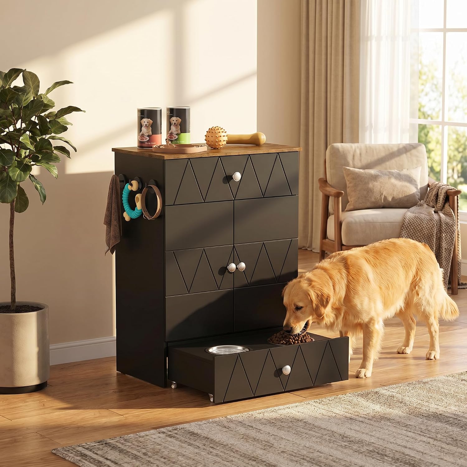 Pet Feeding Station with Storage, Raised Dog Bowls, Pet Feeder Cabinet, with Adjustable Shelves, Rolling Drawer, Hooks, for Feeding & Watering Supplies (Black)