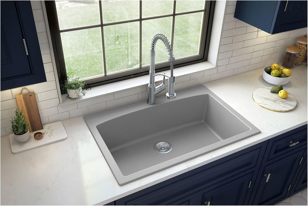 Karran QT-712 33 Inch Drop-In Quartz Composite Single Bowl Kitchen Sink, Top Mount, 1-Hole, Heat & Scratch Resistant, Easy Clean, Grey
