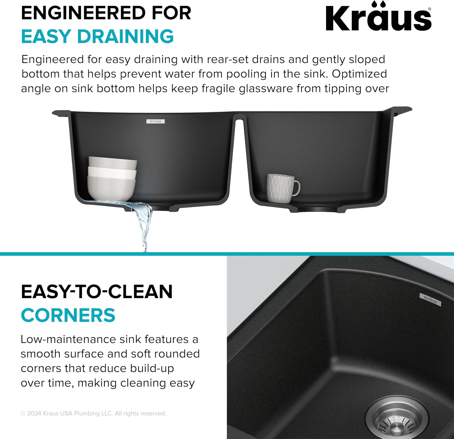 KRAUS Forteza 33-inch Drop In/Undermount 60/40 Double Bowl Granite Kitchen Sink in Black, KGD-50BLACK