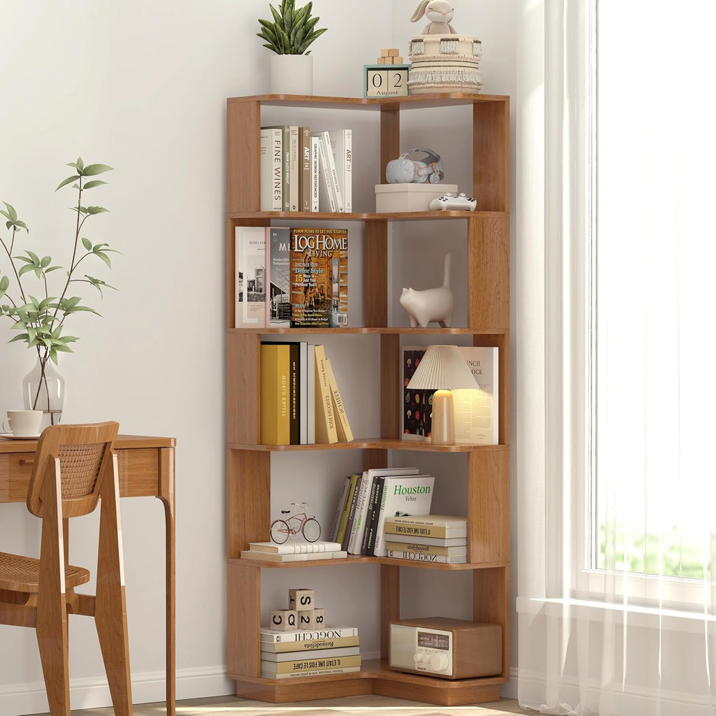 GDFStudio 64.6' Tall L-Shaped Corner Bookshelf, 6-Tier Freestanding Corner Shelf Bookcase with Anti-Drop Panels, Wooden Open Back Display Shelves Organizer for Living Room Bedroom Office, Dark Oak