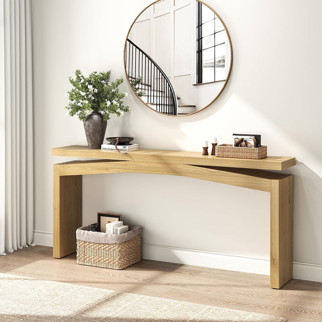 Epecoya Extra Long Console Tables for Living Room, Slim Entryway Table 63 Inches Long, Wooden Couch Table Behind Sofa for Hallway, Living Room, Home, Natural Teak