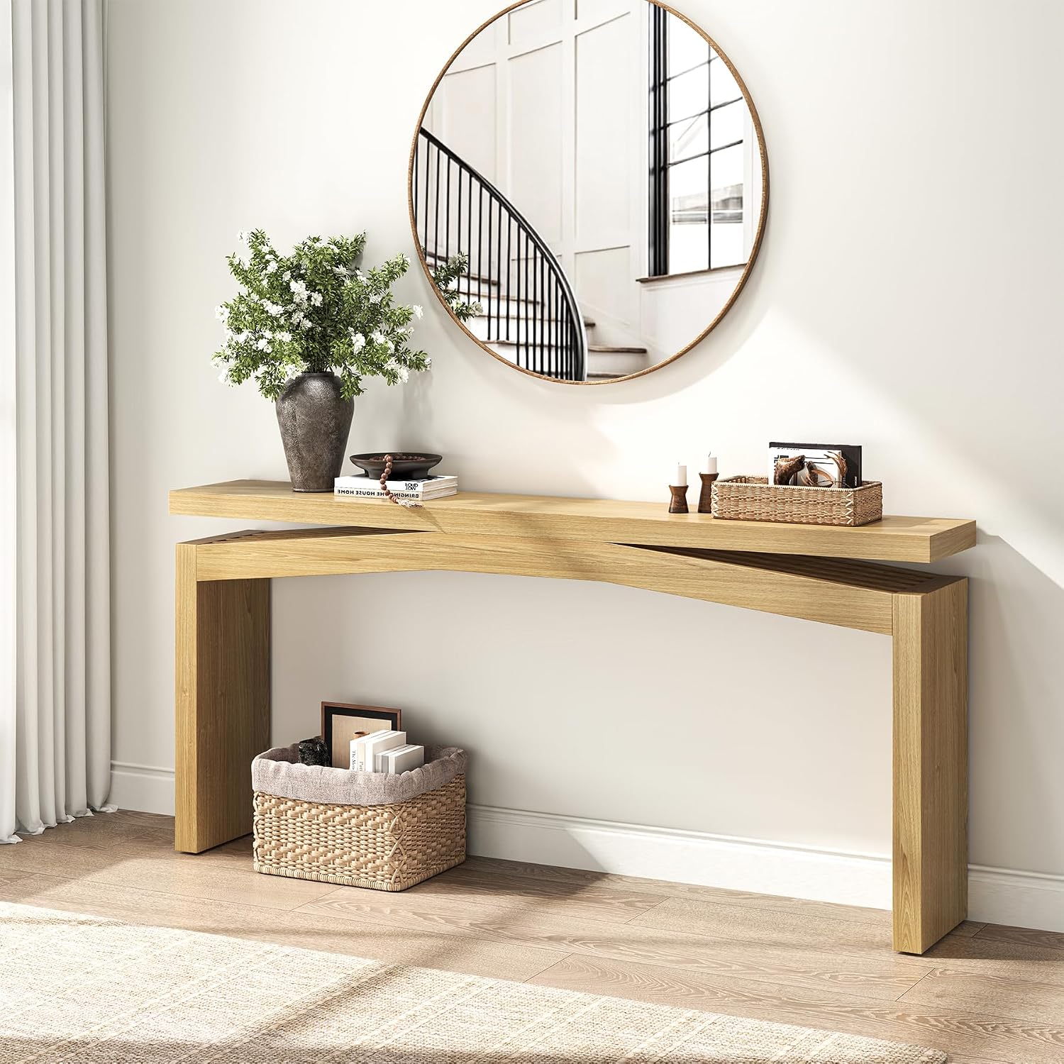Epecoya Extra Long Console Tables for Living Room, Slim Entryway Table 63 Inches Long, Wooden Couch Table Behind Sofa for Hallway, Living Room, Home, Natural Teak