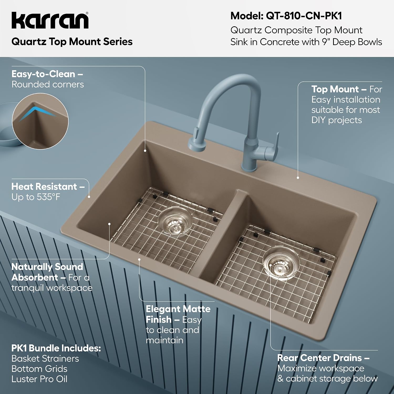 Karran QT-810 33' Top Mount Double Equal Bowl Quartz Kitchen Sink Kit in Concrete