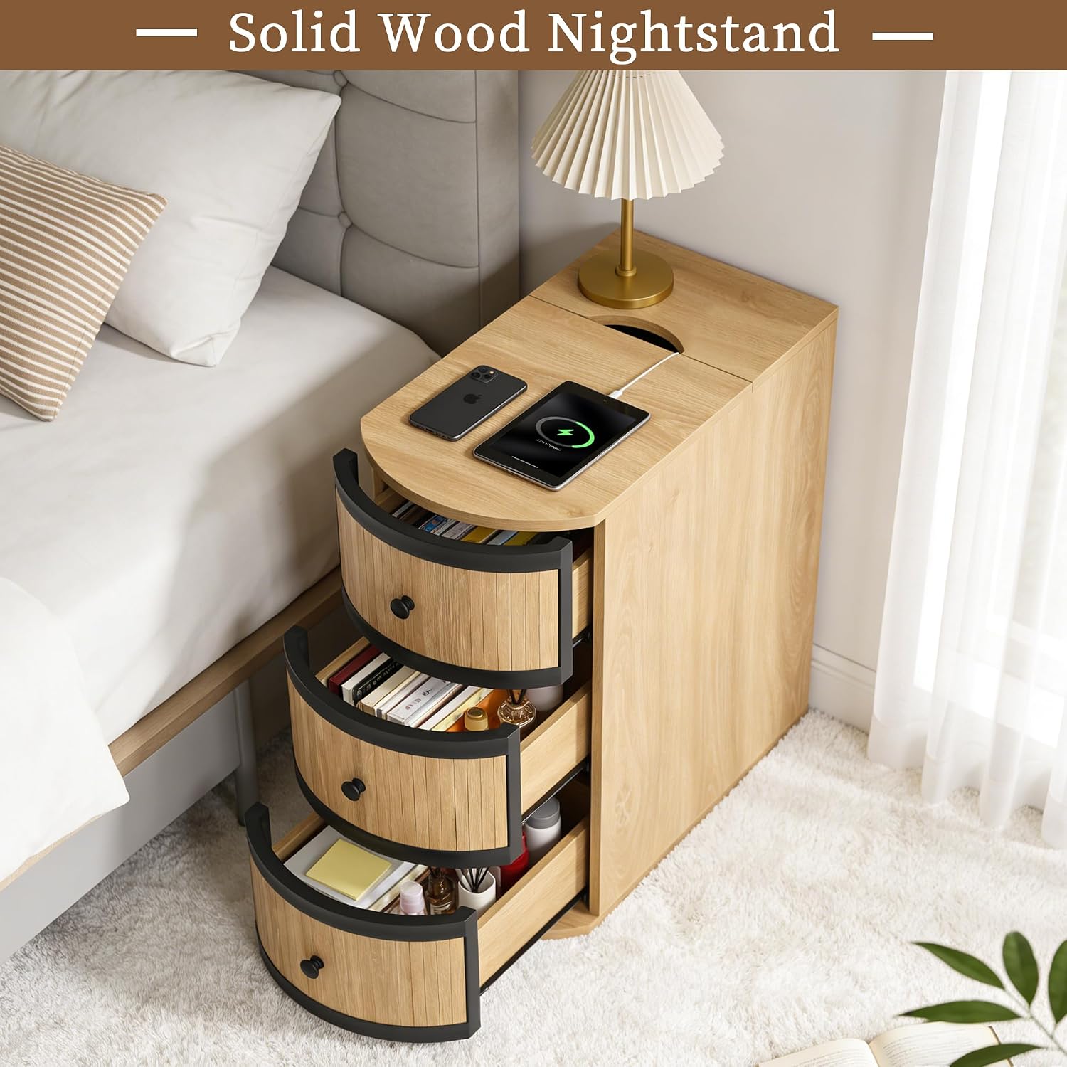 BERRYMERRY Narrow End Table with Charging Station, Modern Slim Nightstand Bedside Table with 3 Drawers for Bedroom Living Room, Natural Wood Grain, 11.81' W x 23.51' D x 23.62' H