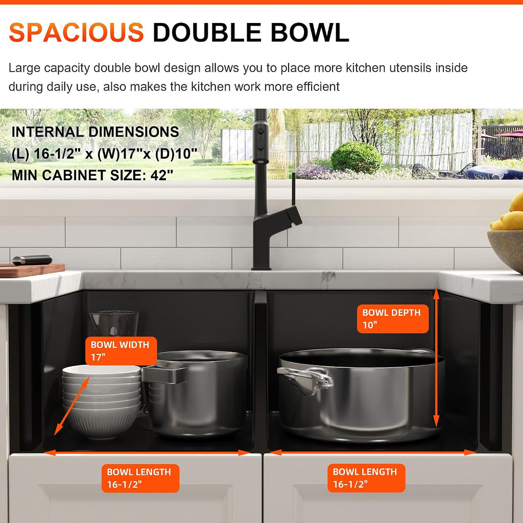 36 Inch Black Double Bowl Farmhouse Kitchen Sink, Undermount 50/50 Apron Front 16 Gauge 304 Stainless Steel Matte Black Sinks, Accessories Included, 36' x 21' x 10'