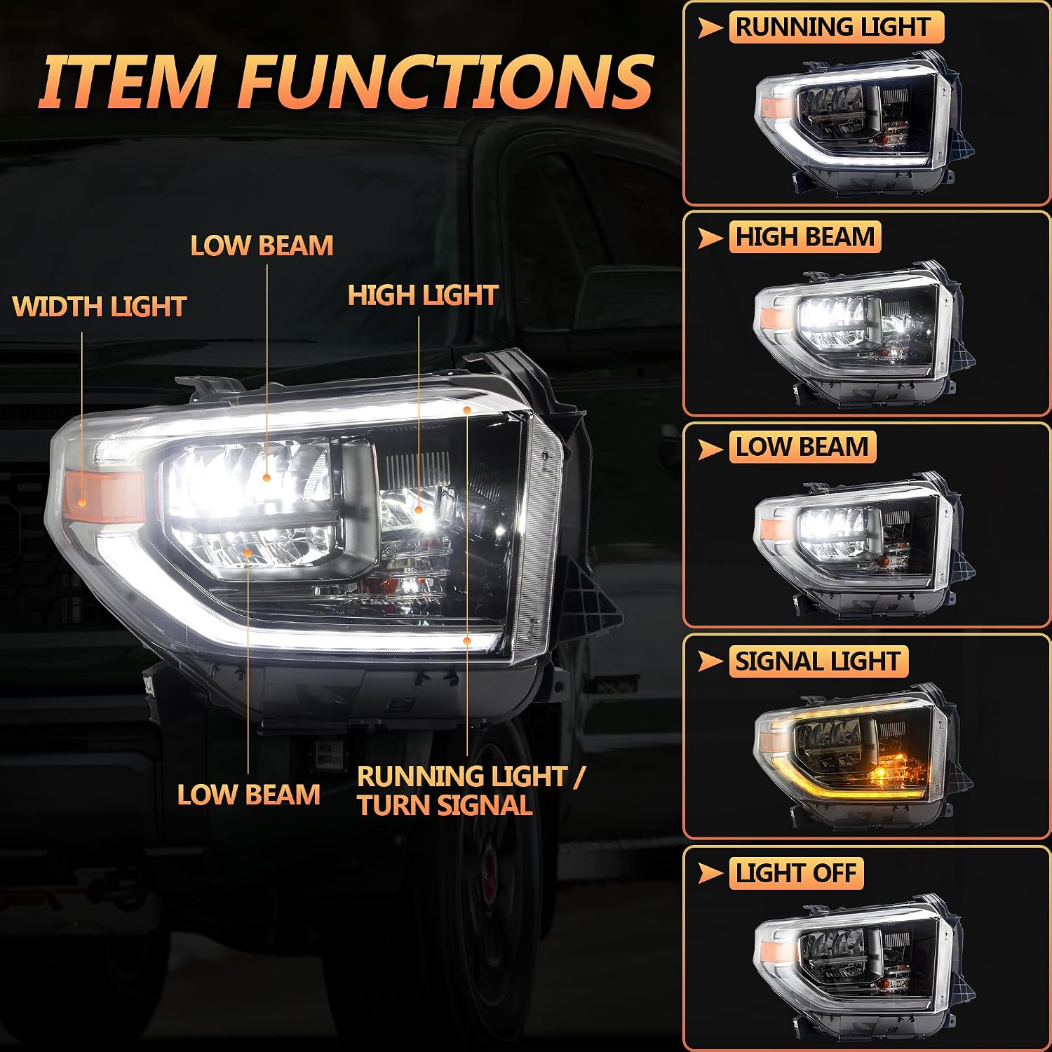 VLAND Led Headlights Compatible with 2nd Gen Facelift Tundra Pickup Trucks 2014-2021(Only Fit OEM Halogen), Front Lights w/Amber Sequential Signal Lights, No Need Bulbs Chrome Housing