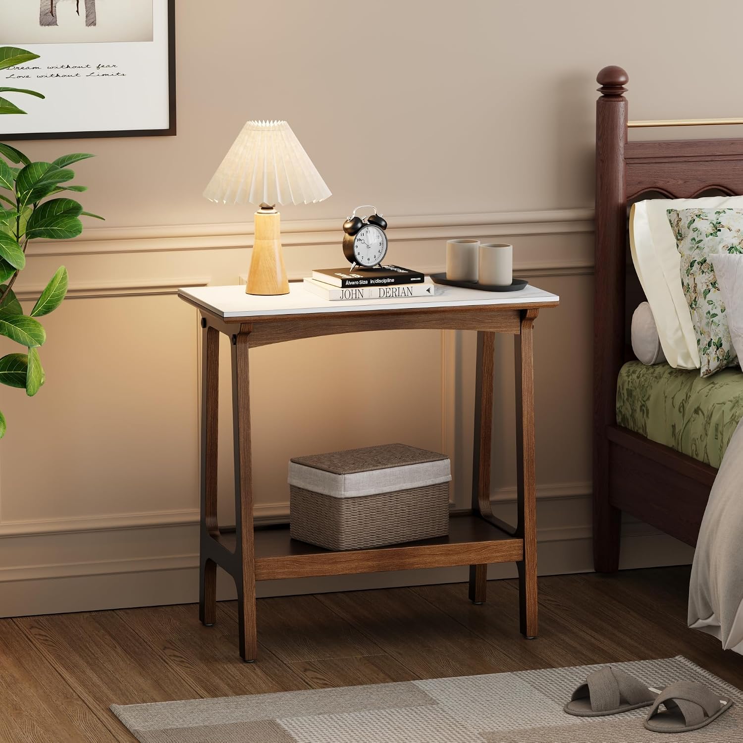 Narrow Side Table with Storage Shelf, Small End Tables Living Room, Mid Century Modern Wood End Table Sofa Table for Small Space (Retro Brown)