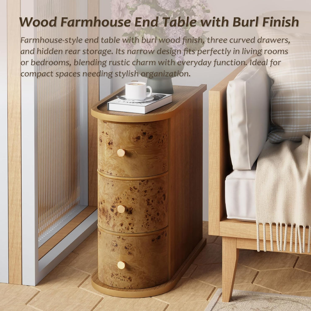COZAYH 3-Drawer Wood Farmhouse End Table with Burl Finish, Narrow Rustic Sofa Side Tables with Metal Knobs, Slim Bedside Table with Back Storage Space for Living Room, Bedroom (Natural Burl)
