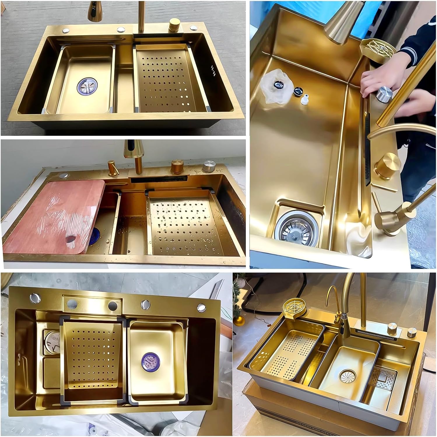 Gold Stainless Steel Single Bowl Kitchen Sink With Drainer, Drop In/Undermount Large Workstation Sink, Includes Pull Out Faucet, Cup Washer, Basin, Drain Basket, Full Waste Kit(Gold,80x45x22cm)