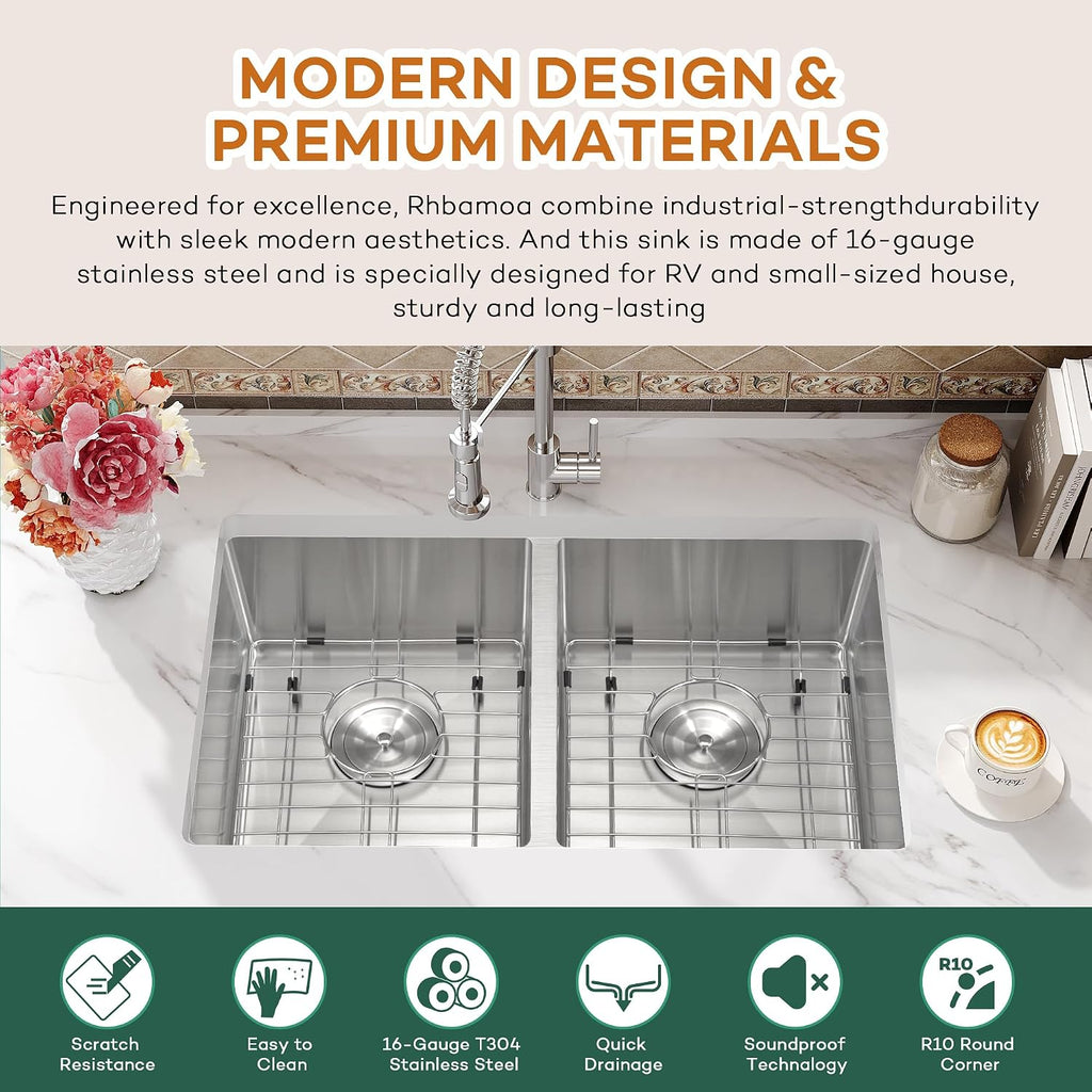 Rhbamoa 27 Inch RV Kitchen Sink,T304 Stainless Steel Kitchen Sinks for RV,50/50 Undermount Double Sink,Outdoor Sinks with Brushed Finish (27'' X 16'' X 7'')