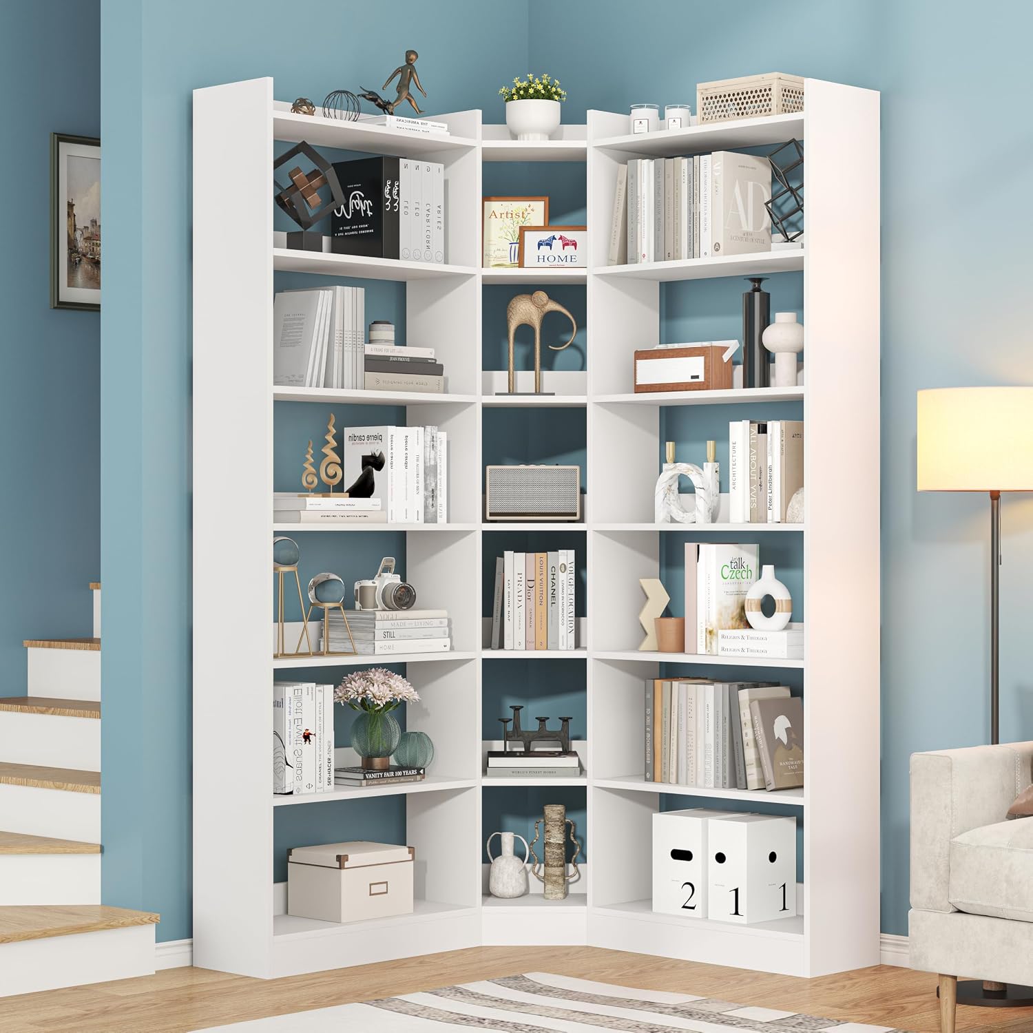 Nosepen 70.8' Tall Corner Bookshelf and Bookcases, 7 Tiers Morden Large Etagere Bookcases Storage Display Rack with Baffle, Industrial L Shaped Bookshelves for Bedroom, Home Office, Living Room, White