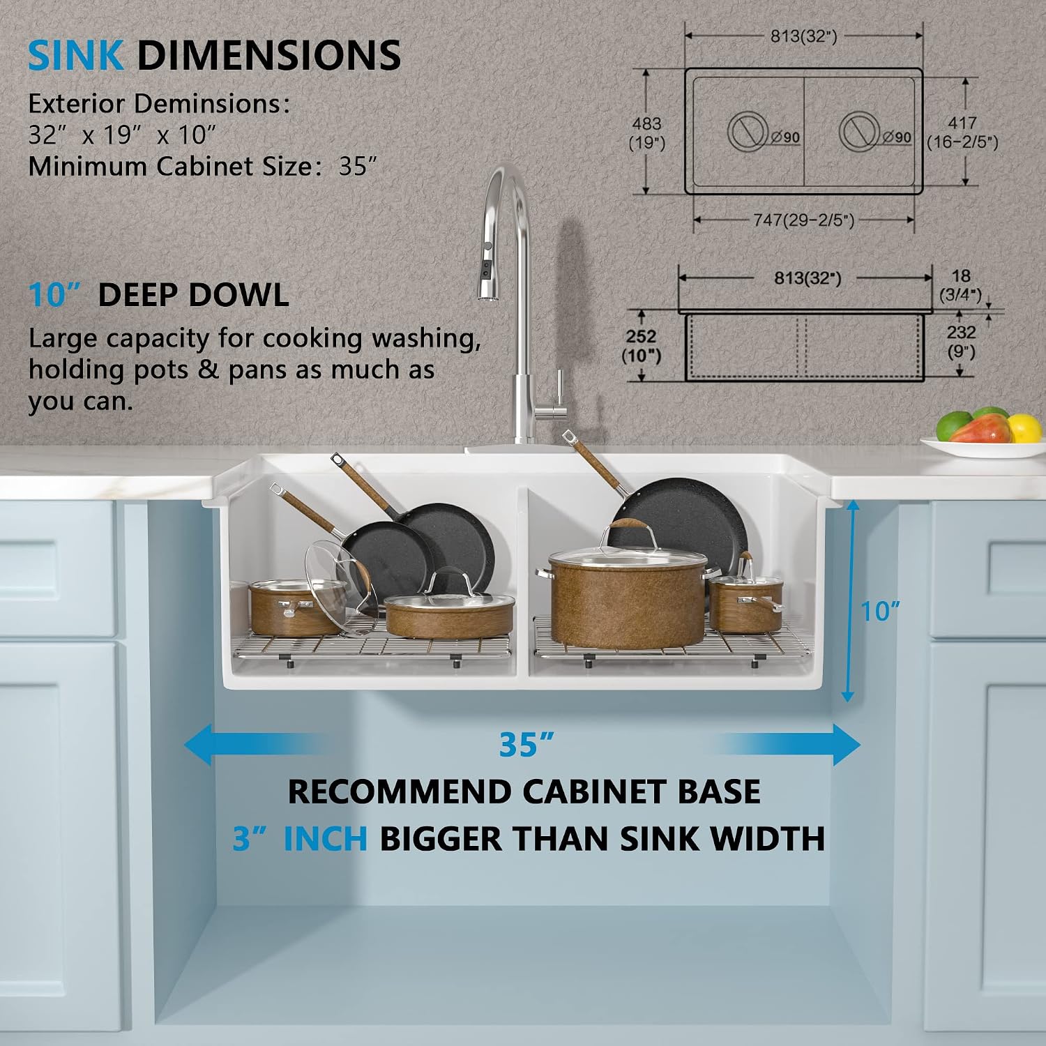 32'x19' White Undermount Kitchen Sink Double Bowl - White Ceramic Porcelain Fireclay Dual Mount Double Bowl 50/50 Drop In Top Mount & Under Counter Sink Basin