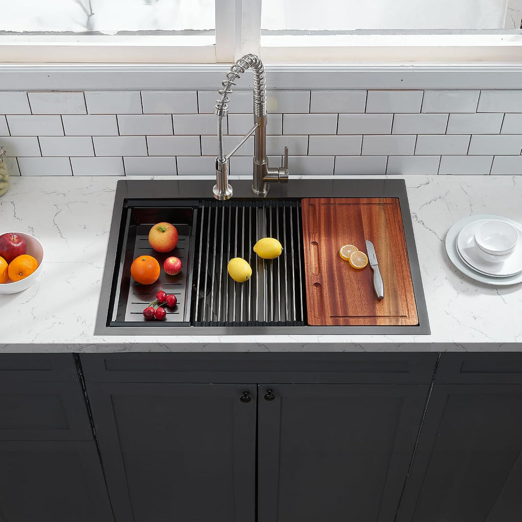 33x22 Double Bowl Kitchen Sink 33 Inch Black, Stainless Steel Drop in Double Basin Kitchen Sink, Topmonut 50/50 Kitchen Sinks Workstation Sink with Accessories