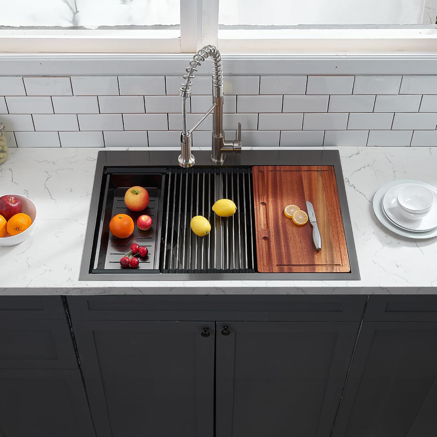 33x22 Double Bowl Kitchen Sink 33 Inch Black, Stainless Steel Drop in Double Basin Kitchen Sink, Topmonut 50/50 Kitchen Sinks Workstation Sink with Accessories
