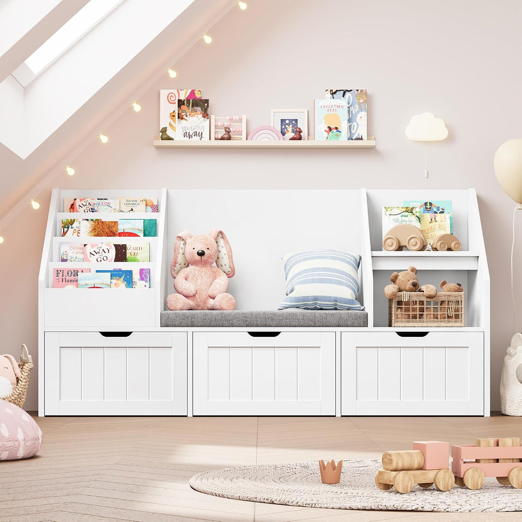 FOTOSOK 55.1'' Kids Bookshelf with Reading Nook, Toy Storage Organizer with Seat Cushion and 3 Movable Drawers, Kids Reading Nook Toy Organizers and Storage with Bench for Playroom, Bedroom, White
